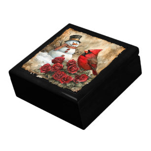 Red Cardinal and Snowman On Antique Paper Gift Box