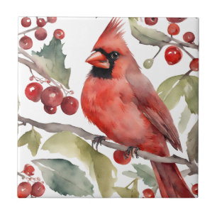 Red Cardinal and Wild Berries Christmas Ceramic Tile