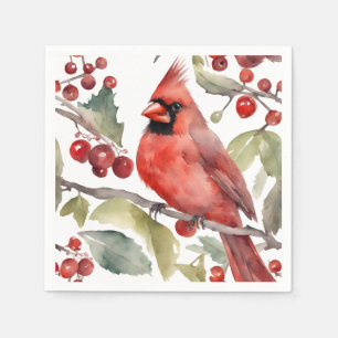 Red Cardinal and Wild Berries Christmas Napkins
