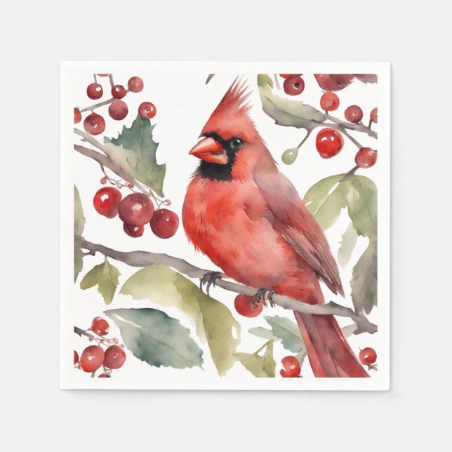 Red Cardinal and Wild Berries Christmas  Napkins (Front)