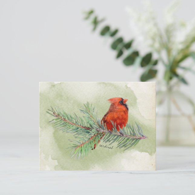 Red Cardinal Beautiful Rustic Watercolor Postcard (Standing Front)