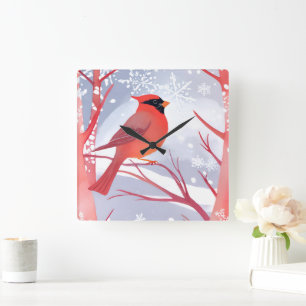 Red Cardinal Beautiful Watercolor Painting Square Wall Clock