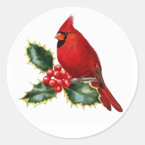 Red Cardinal Bird and Holly Berry Christmas Classic Round Sticker