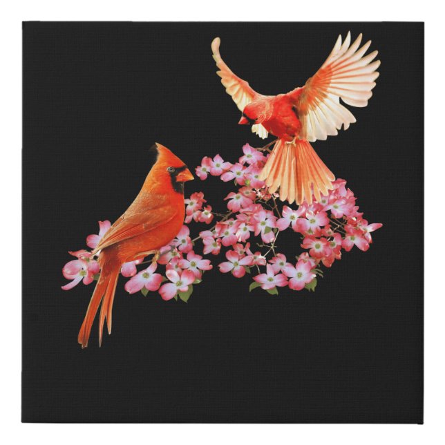 Red Cardinal Bird And Pink Flowering Dogwood Faux Canvas Print (Front)