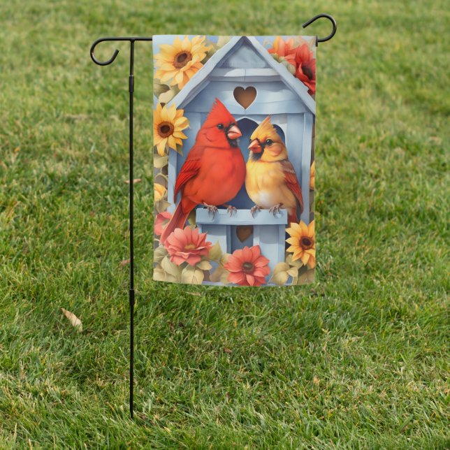 Red Cardinal Bird and Yellow Sunflower Autumn Fall Garden Flag (In SItu)
