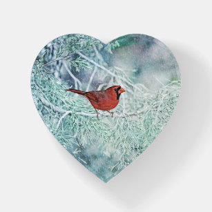 Red Cardinal Bird Art Glass Heart Paperweight
