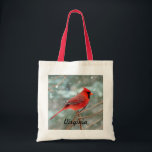 Red Cardinal Bird Bag<br><div class="desc">This bag features a photo of a red cardinal perched on a branch. Winter snowflakes are falling around him. It currently says Virginia but you can personalize this bag with your own text. These bags are great for bird lovers and watchers.</div>