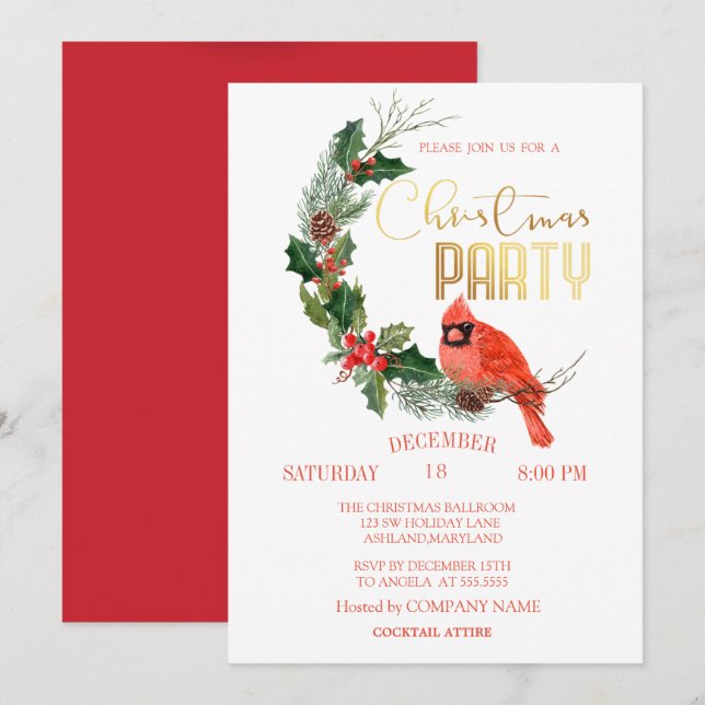 Red Cardinal Bird Christmas Company Party Invitation (Front/Back)