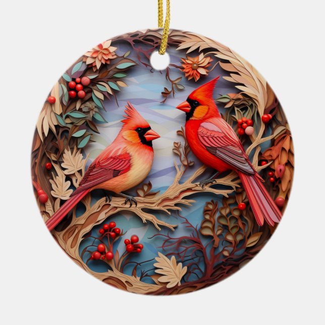 Red Cardinal Bird Christmas Personalized  Ceramic Ornament (Front)