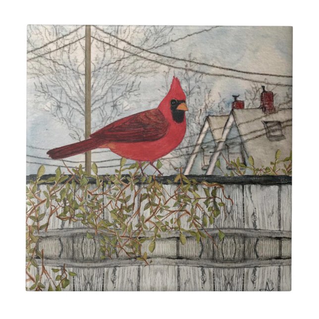 Red Cardinal Bird City Ceramic Tile (Front)