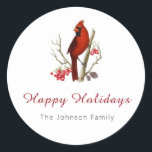 Red Cardinal Bird Happy Holidays Christmas Classic Round Sticker<br><div class="desc">Red Cardinal Bird Happy Holidays Christmas Classic Round Sticker.</div>