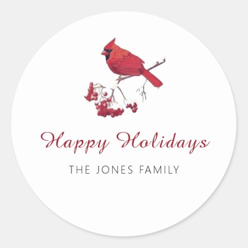 Red Cardinal Bird Happy Holidays Christmas Classic Round Sticker