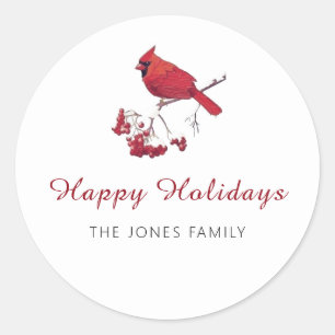 Red Cardinal Bird Happy Holidays Christmas Classic Round Sticker