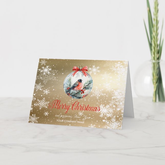 Red Cardinal Bird Holly Berry Ball Christmas Holiday Card (Front)