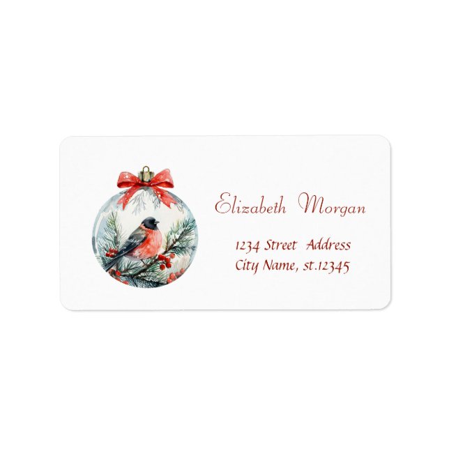 Red Cardinal Bird Holly Berry Ball Christmas Label (Front)