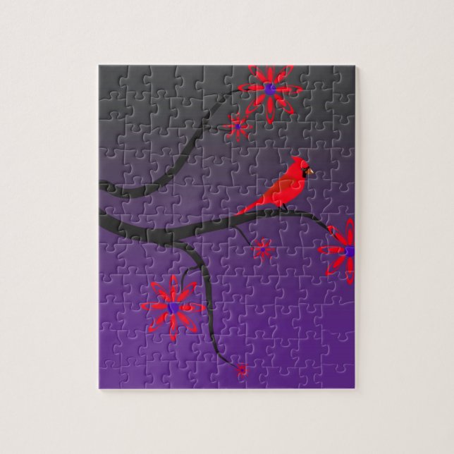 Red Cardinal bird in a tree on purple background. Jigsaw Puzzle (Vertical)