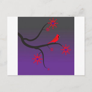 Red Cardinal bird in a tree on purple background. Postcard