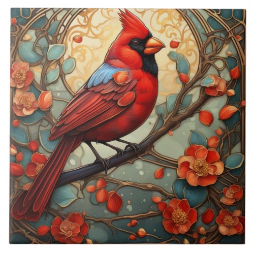 Red Cardinal Bird in an Art Nouveau Art Deco style Ceramic Tile