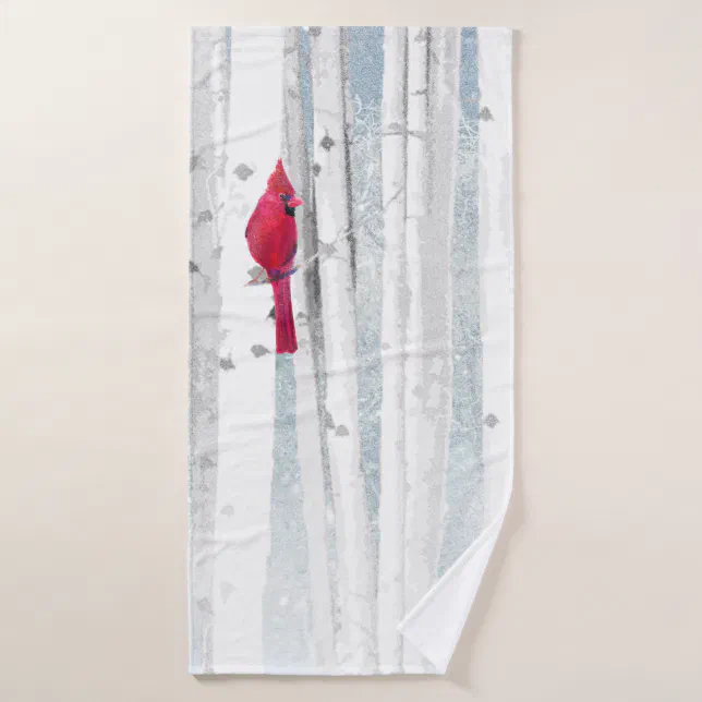 Red Cardinal Bird in beautiful snowy Birch Tree Bath Towel Zazzle