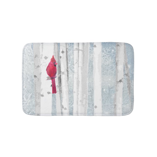 Red Cardinal Bird in beautiful snowy Birch Tree Bathroom Mat (Front)