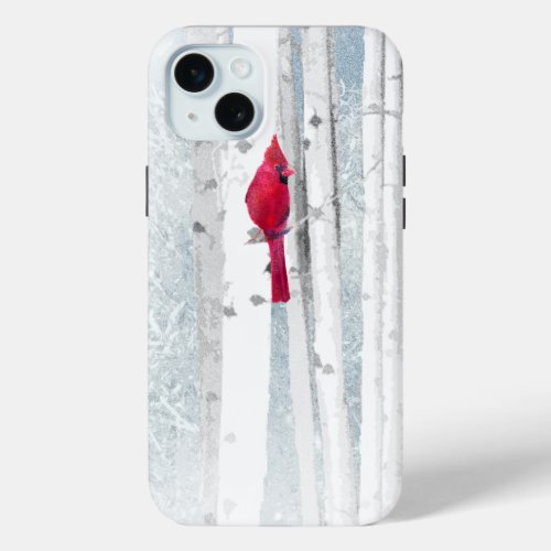 Red Cardinal Bird in beautiful snowy Birch Tree iPhone 15 Plus Case