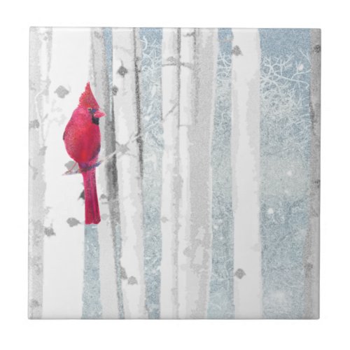 Red Cardinal Bird in beautiful snowy Birch Tree Ceramic Tile