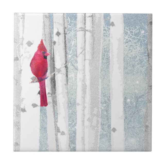 Red Cardinal Bird in beautiful snowy Birch Tree Ceramic Tile (Front)