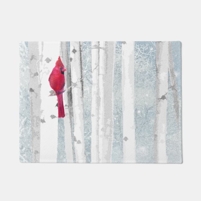 Red Cardinal Bird in beautiful snowy Birch Tree Doormat (Front)