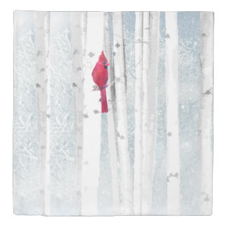Red Cardinal Bird in beautiful snowy Birch Tree Duvet Cover