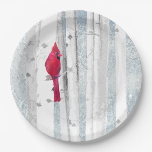 Red Cardinal Bird in beautiful snowy Birch Tree Paper Plates