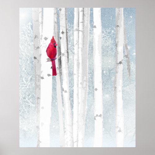 Red Cardinal Bird in beautiful snowy Birch Tree Poster