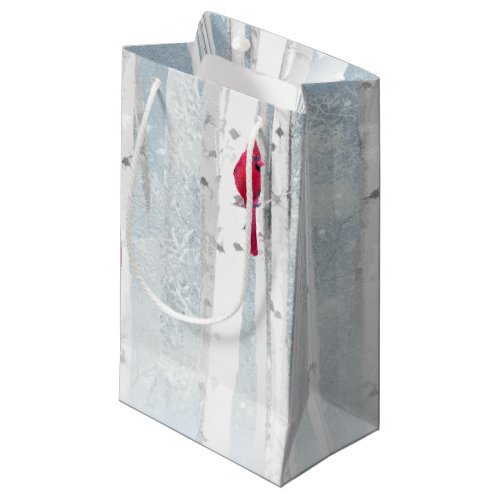 Red Cardinal Bird in beautiful snowy Birch Tree Small Gift Bag