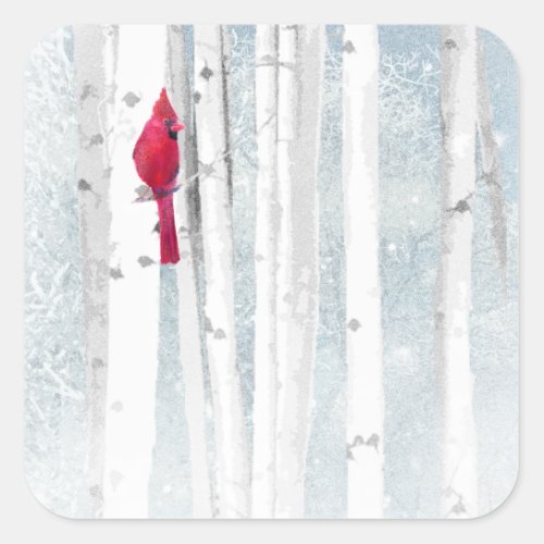 Red Cardinal Bird in beautiful snowy Birch Tree Square Sticker