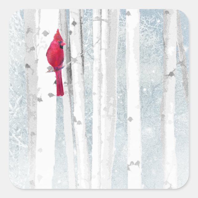 Red Cardinal Bird in beautiful snowy Birch Tree Square Sticker (Front)