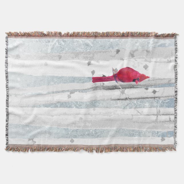 Red Cardinal Bird in beautiful snowy Birch Tree Throw Blanket (Front)
