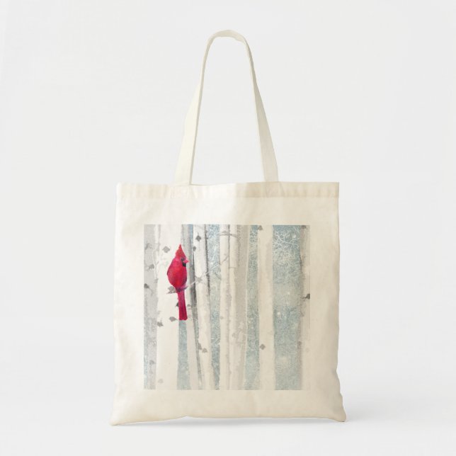 Red Cardinal Bird in beautiful snowy Birch Tree Tote Bag (Front)