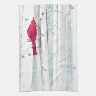 Red Cardinal Bird in beautiful snowy Birch Tree Towel