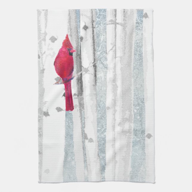 Red Cardinal Bird in beautiful snowy Birch Tree Towel (Vertical)
