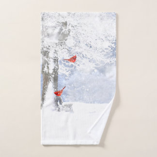 Red Cardinal Bird in beautiful snowy Tree Hand Towel