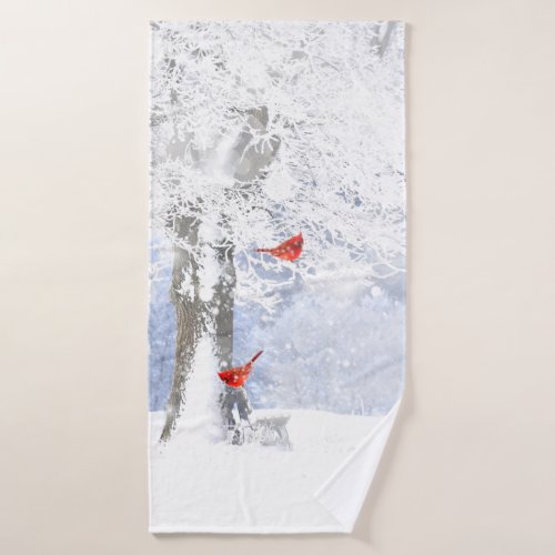 Red Cardinal Bird in beautiful snowy Trees Bath Towel