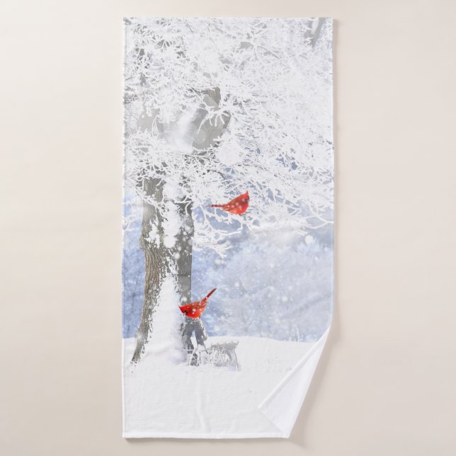 Red Cardinal Bird in beautiful snowy Trees Bath Towel (Bath Towel)