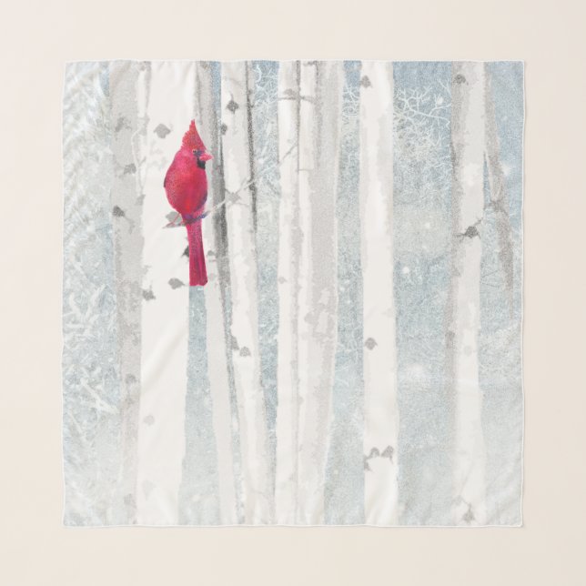 Red Cardinal Bird in Birch Tree Forest. Scarf (Front (Horizontal))