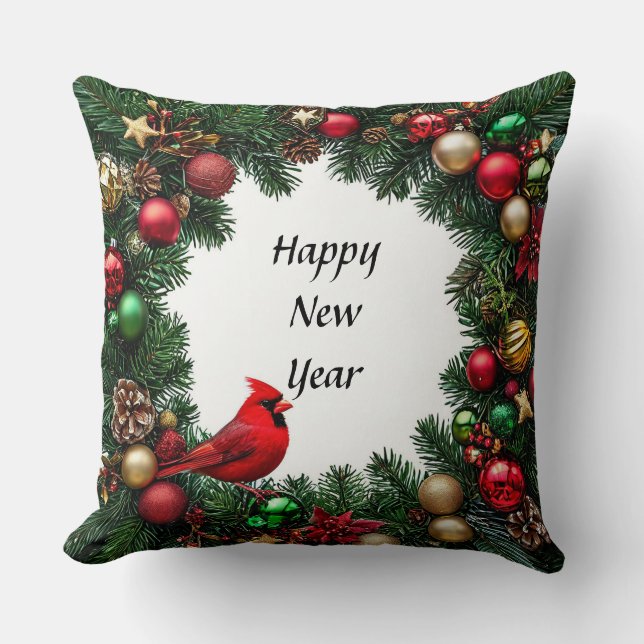 Red Cardinal Bird in Festive Decor Throw Pillow (Front)