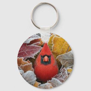 Red Cardinal Bird in Frosty Autumn Leaves Keychain