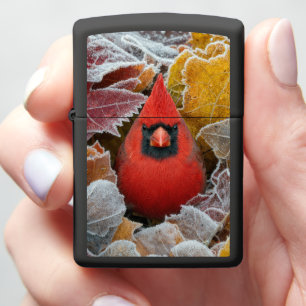 Red Cardinal Bird in Frosty Autumn Leaves Zippo Lighter