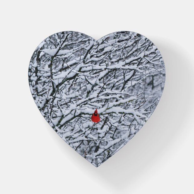 Red Cardinal Bird in Snow Heart Glass Paperweight (Front)