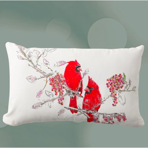 Red Cardinal Bird in Snow Lumbar Pillow