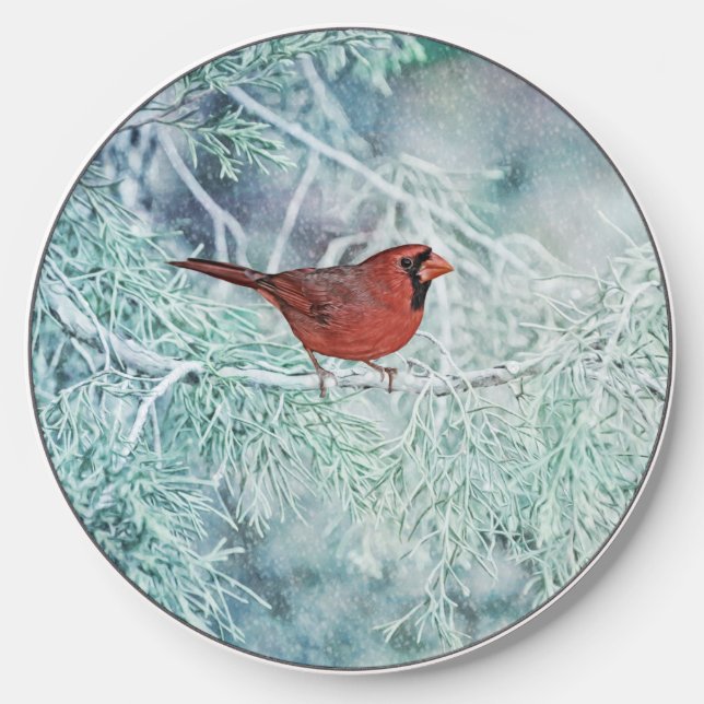 Red Cardinal Bird in Snowfall Art Charger (Front)