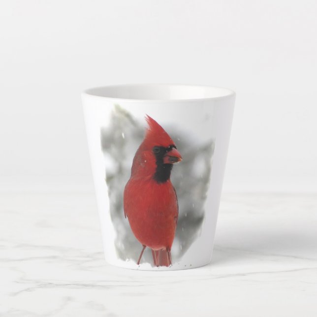 Red Cardinal Bird in Winter Snow Latte Mug (Front)
