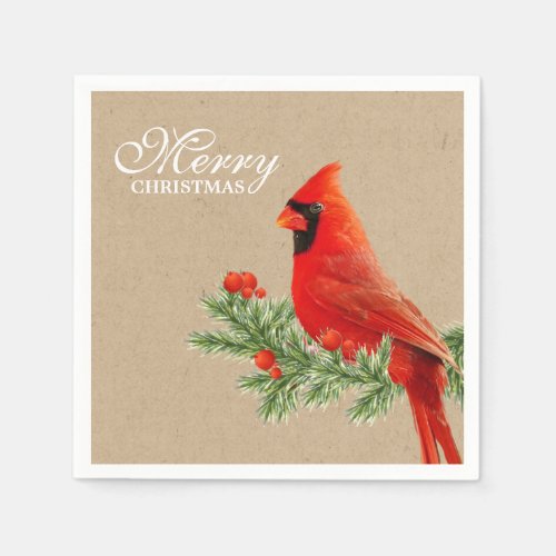 Red Cardinal Bird Merry Christmas Paper Napkin